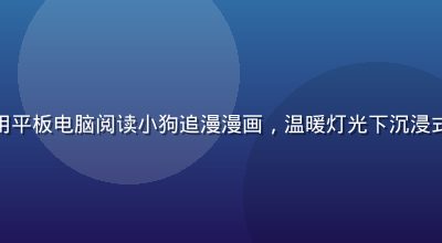 用户在家中沙发上使用平板电脑阅读小狗追漫漫画，温暖灯光下沉浸式追漫，画面温馨舒适
